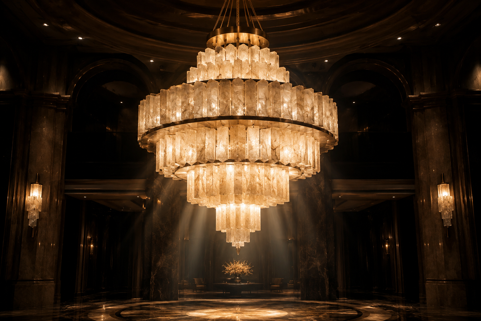 Luxury chandelier installation in premium interior